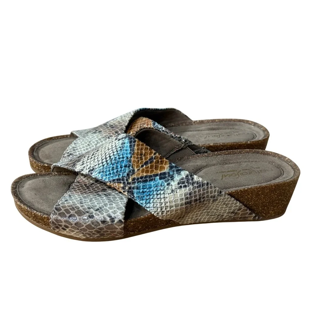 Natural Soul Snakeskin Print Cork Wedge Slide Sandals Blue Brown‎ Grey Womens